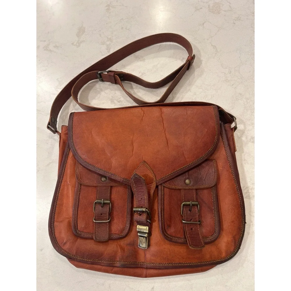 Komals Passion Leather Messenger Bag Brown Vintage Crossbody Satchel Mens